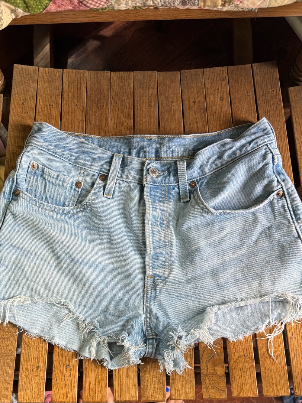 Levi's 501 Light Blue Distressed Denim Cutoff Button Fly Shorts
